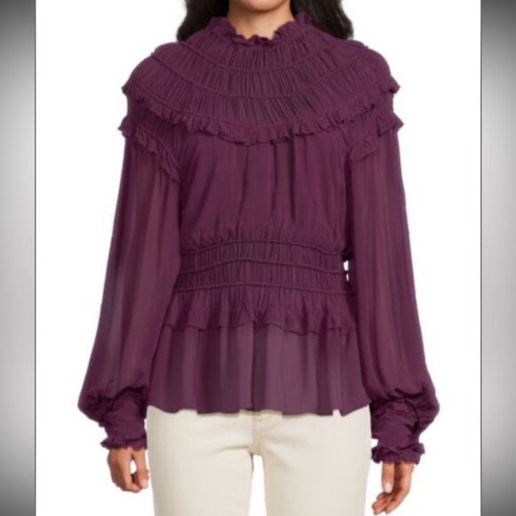 Farm Rio Ruffled Peplum Top in Burgundy NWOT - Picture 1 of 6